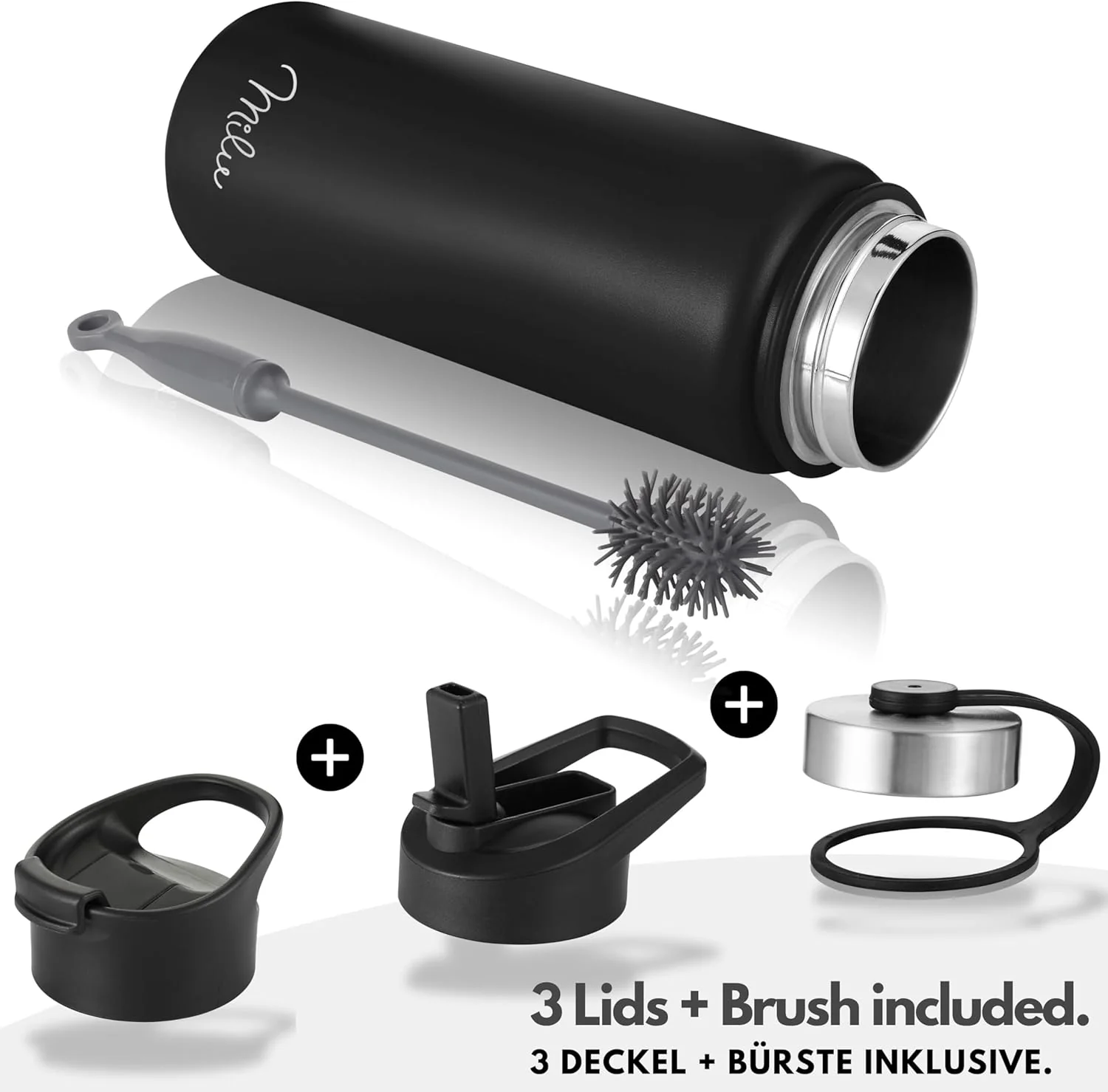 Milu Edelstahl Trinkflasche mit 3 Deckeln, auslaufsicher, isoliert, 500ml 750ml 1000ml (T7) - Image 3