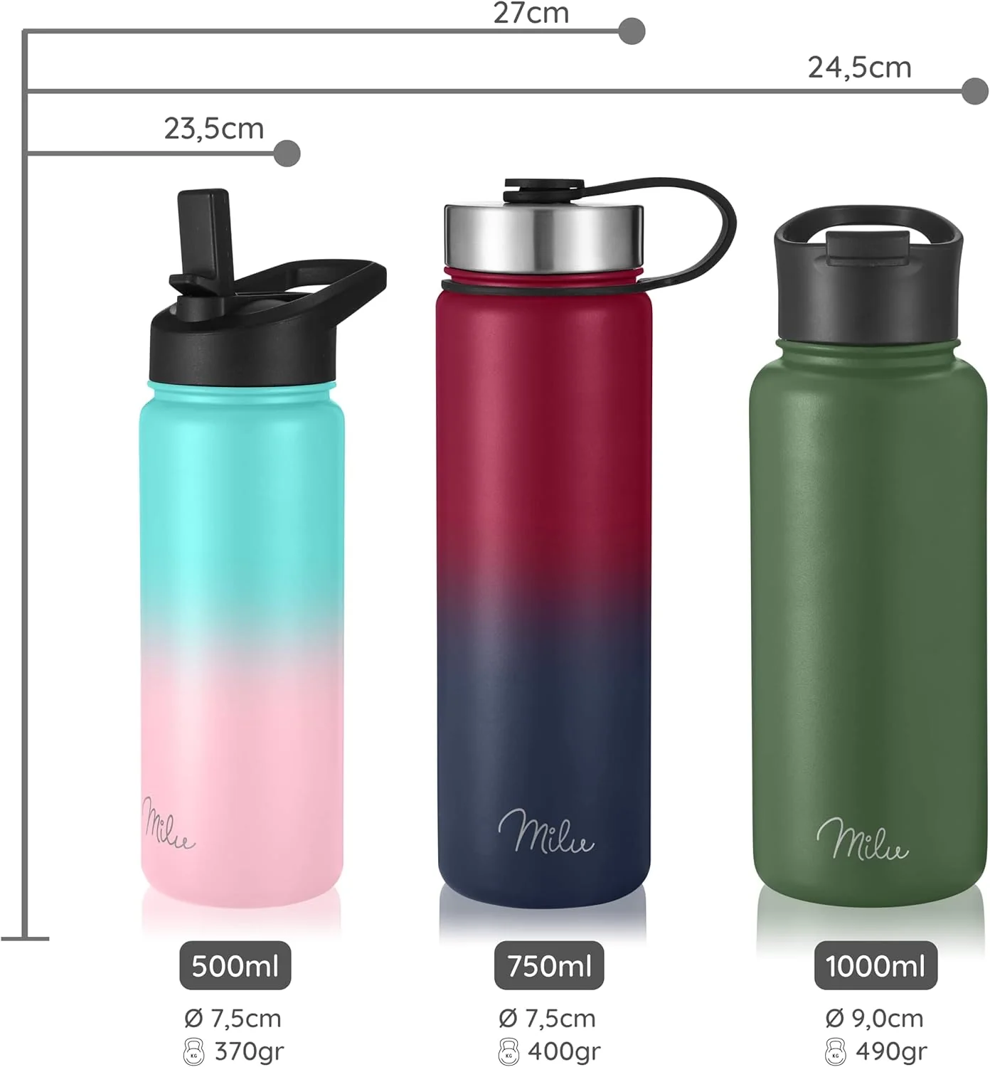 Milu Edelstahl Trinkflasche mit 3 Deckeln, auslaufsicher, isoliert, 500ml 750ml 1000ml (T7) - Image 5