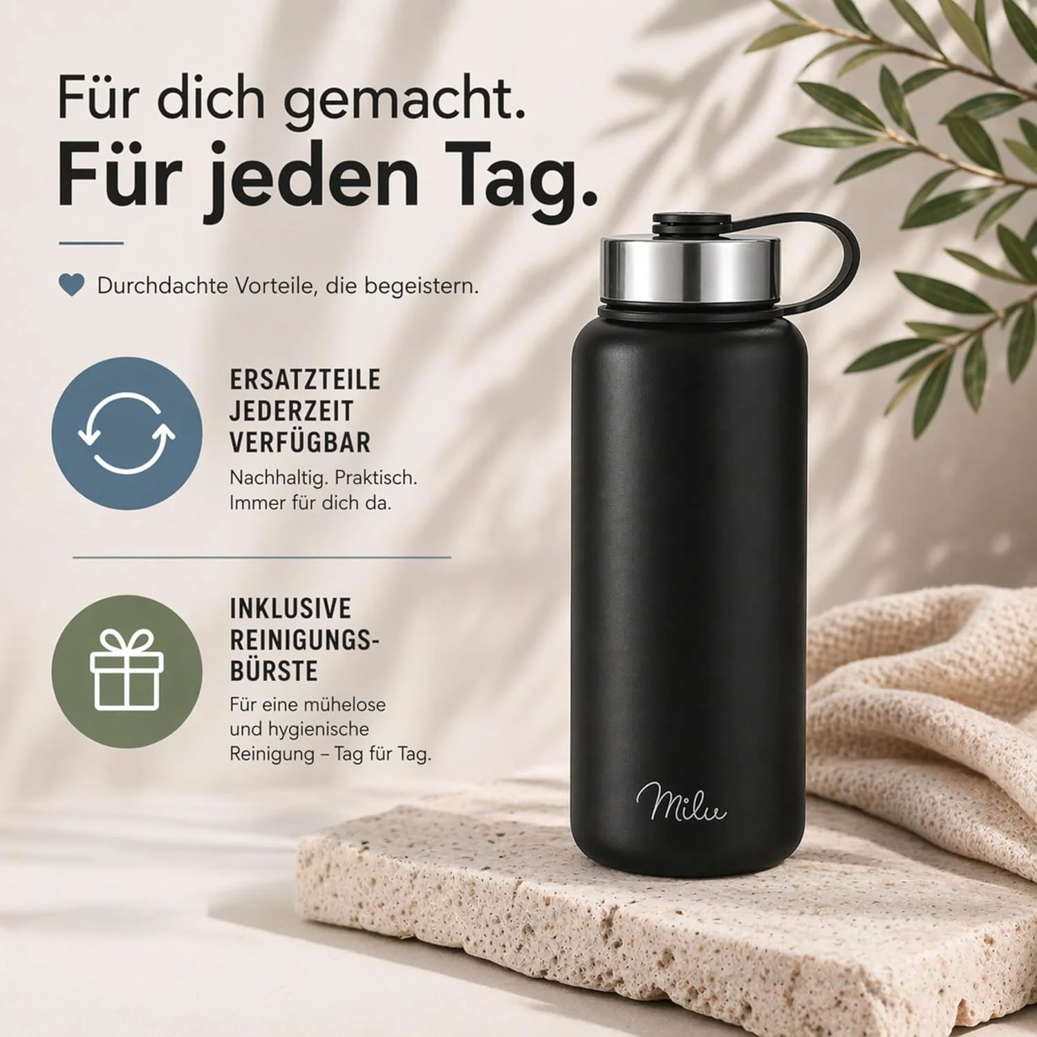Milu Edelstahl Trinkflasche mit 3 Deckeln, auslaufsicher, isoliert, 500ml 750ml 1000ml (T7) - Image 6