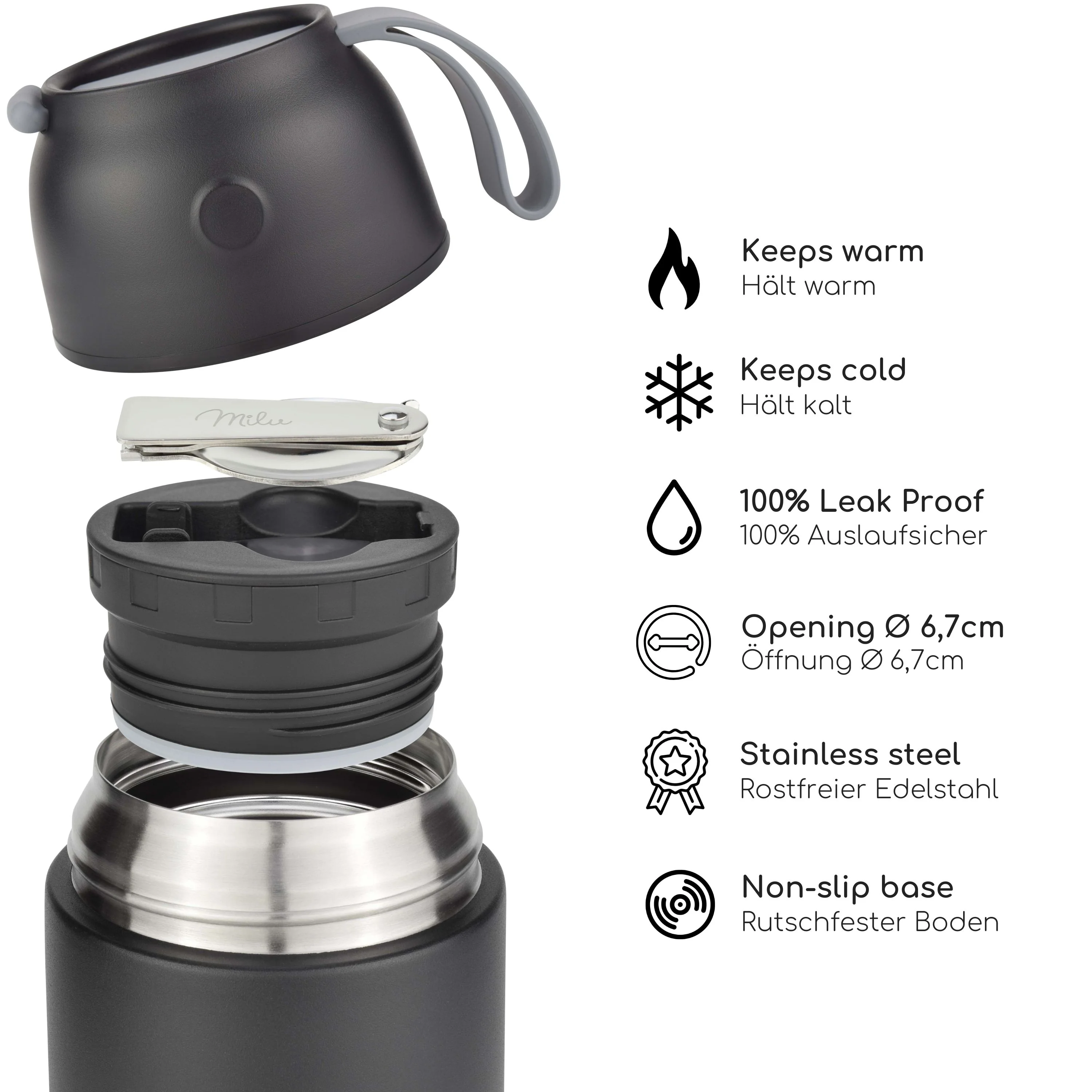 Outlet x Milu® Thermobehälter für Essen, mit Löffel, auslaufsicher, isoliert (450 ml, 650 ml, 800 ml) - Image 4