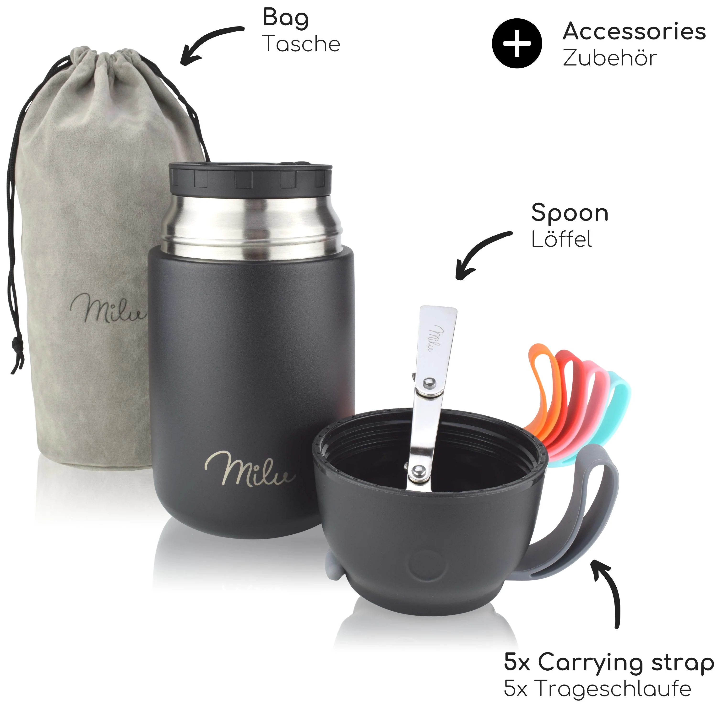 Outlet x Milu® Thermobehälter für Essen, mit Löffel, auslaufsicher, isoliert (450 ml, 650 ml, 800 ml) - Image 5