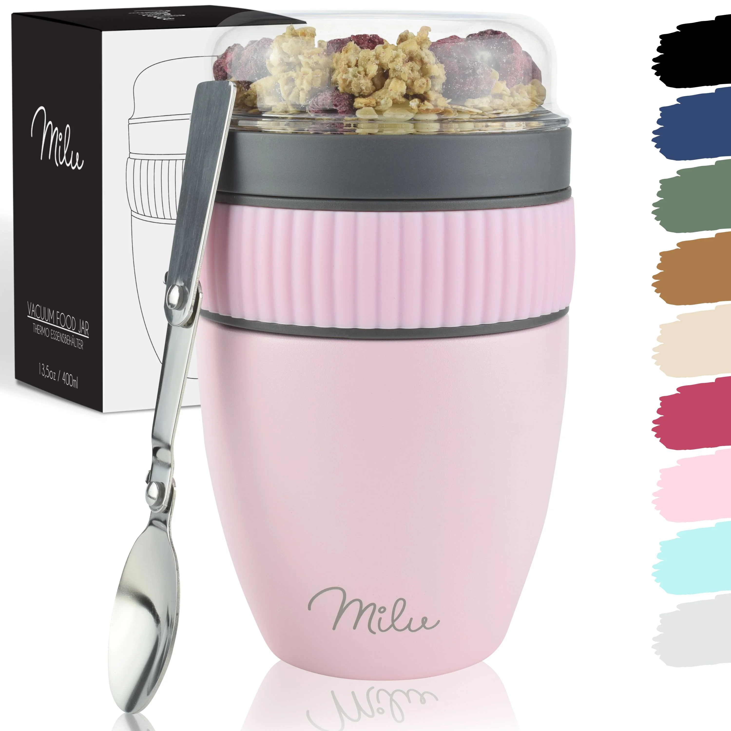 Outlet x Milu Müslibecher to go, isoliert, auslaufsicher, Edelstahl (400ml) - Image 12