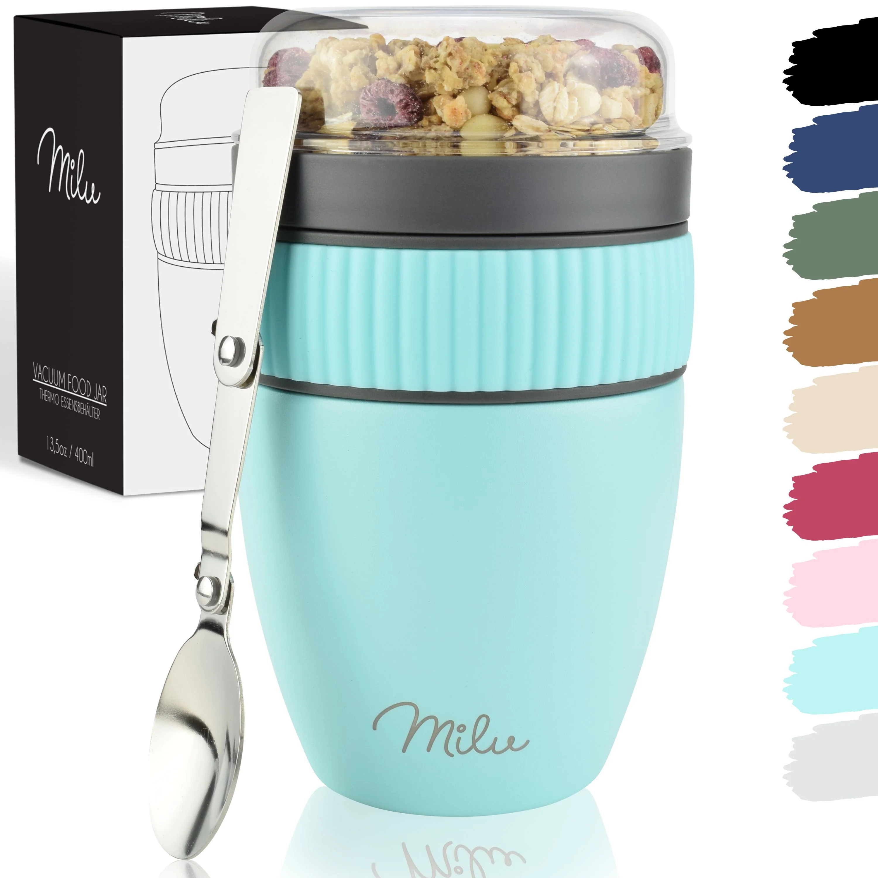 Outlet x Milu Müslibecher to go, isoliert, auslaufsicher, Edelstahl (400ml) - Image 15